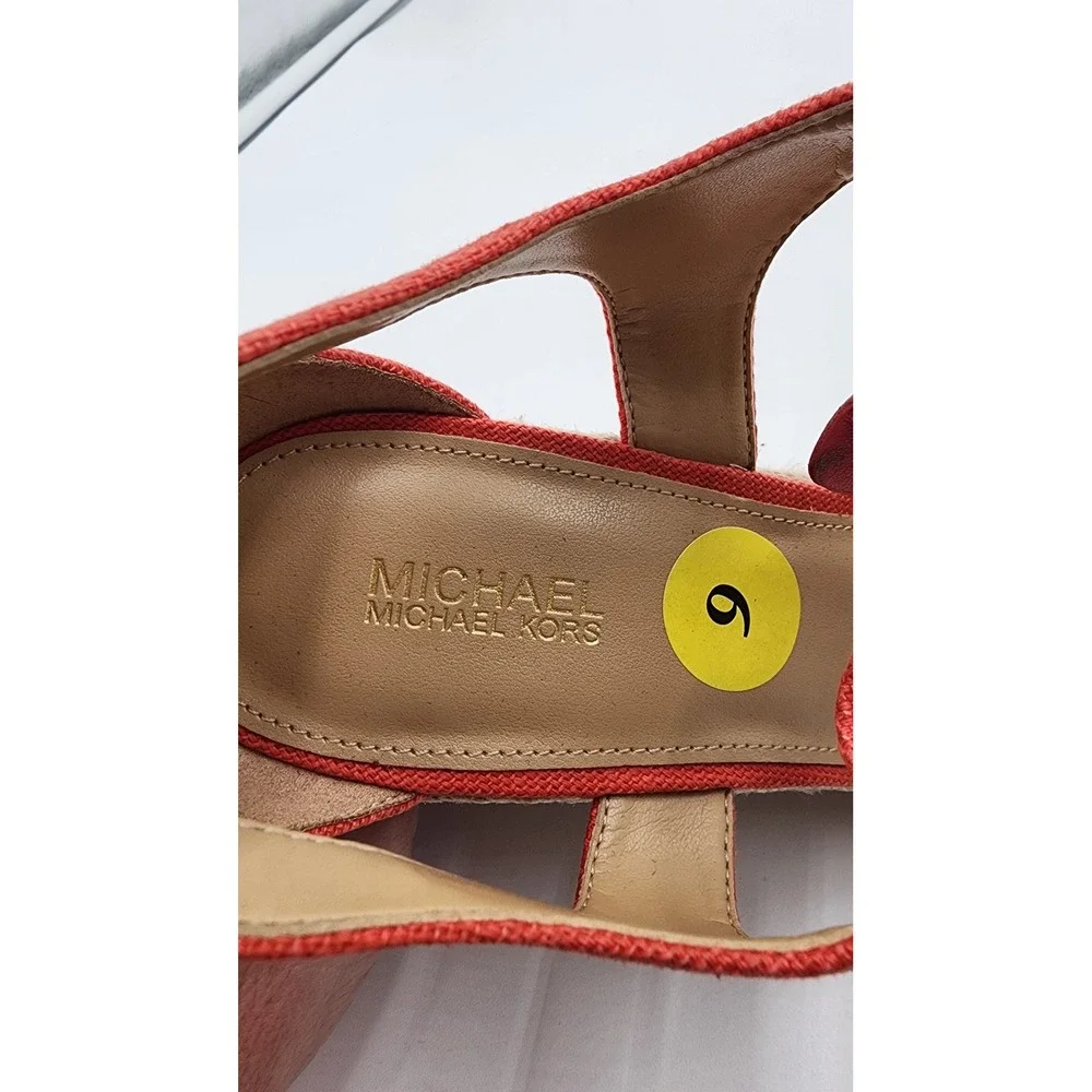 Michael Kors Damita Wedge Sandals Womens 9M Coral Orange Espadrille Zip NEW EXC